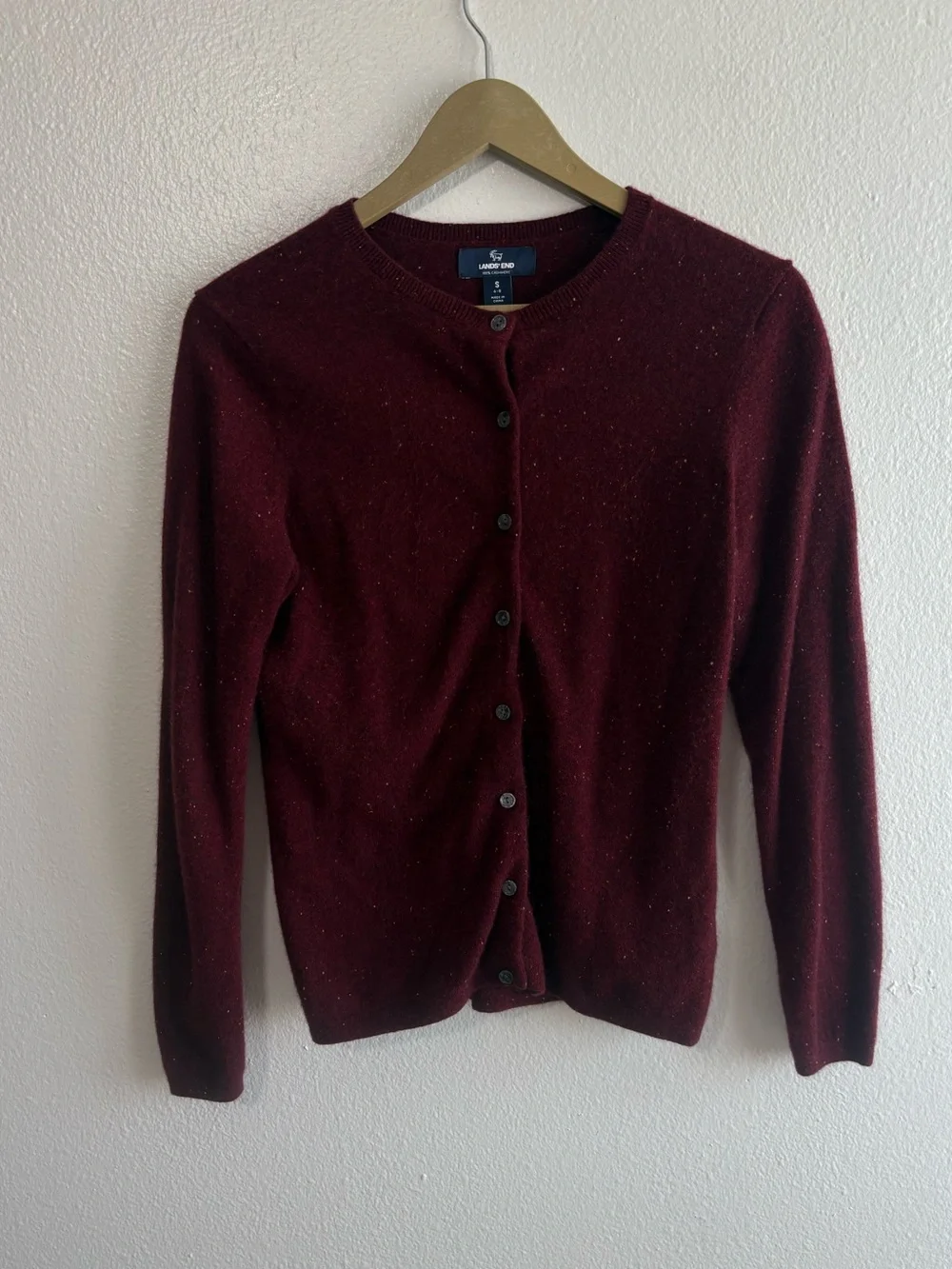 Lands End Size Small Cashmere Burgundy Speckled Button Uo Cardigan Soft Cozy